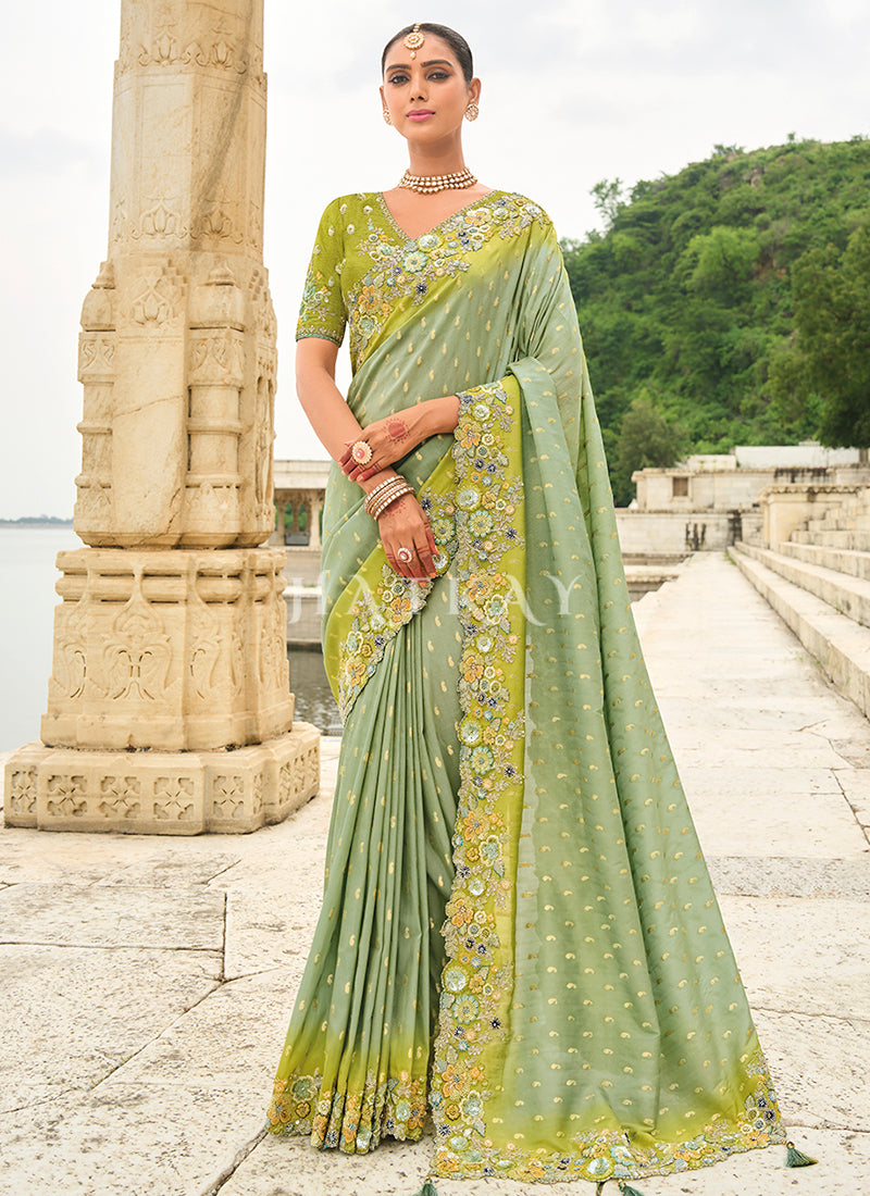 Lime Green And Teal Multi Embroidery Saree