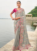 Light Grey And Pink Multi Embroidery Saree