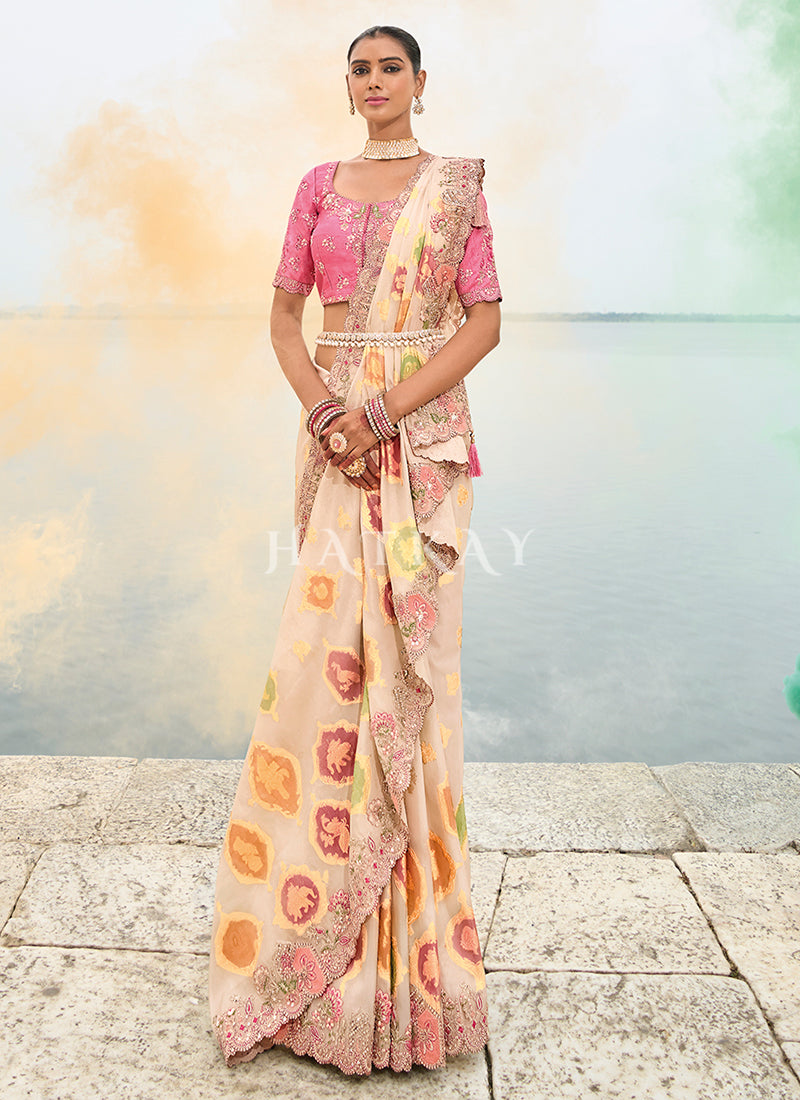 Off White And Pink Multi Embroidery Saree