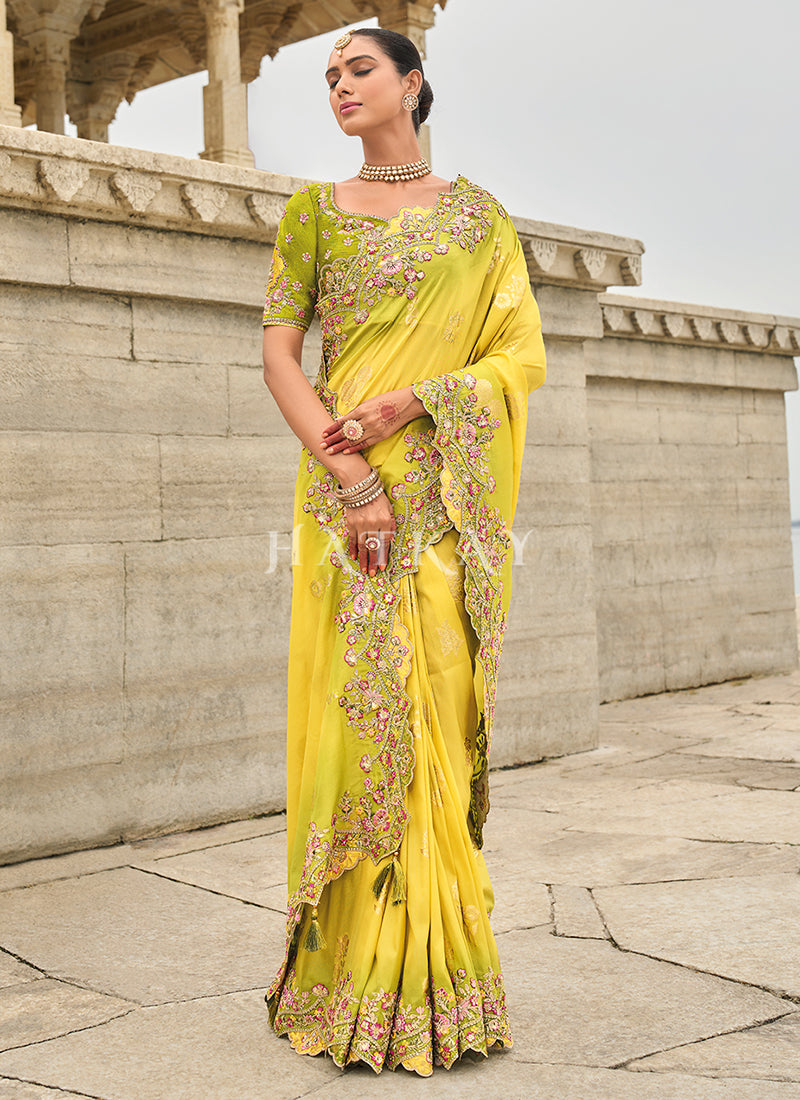 Yellow And Green Multi Embroidery Saree