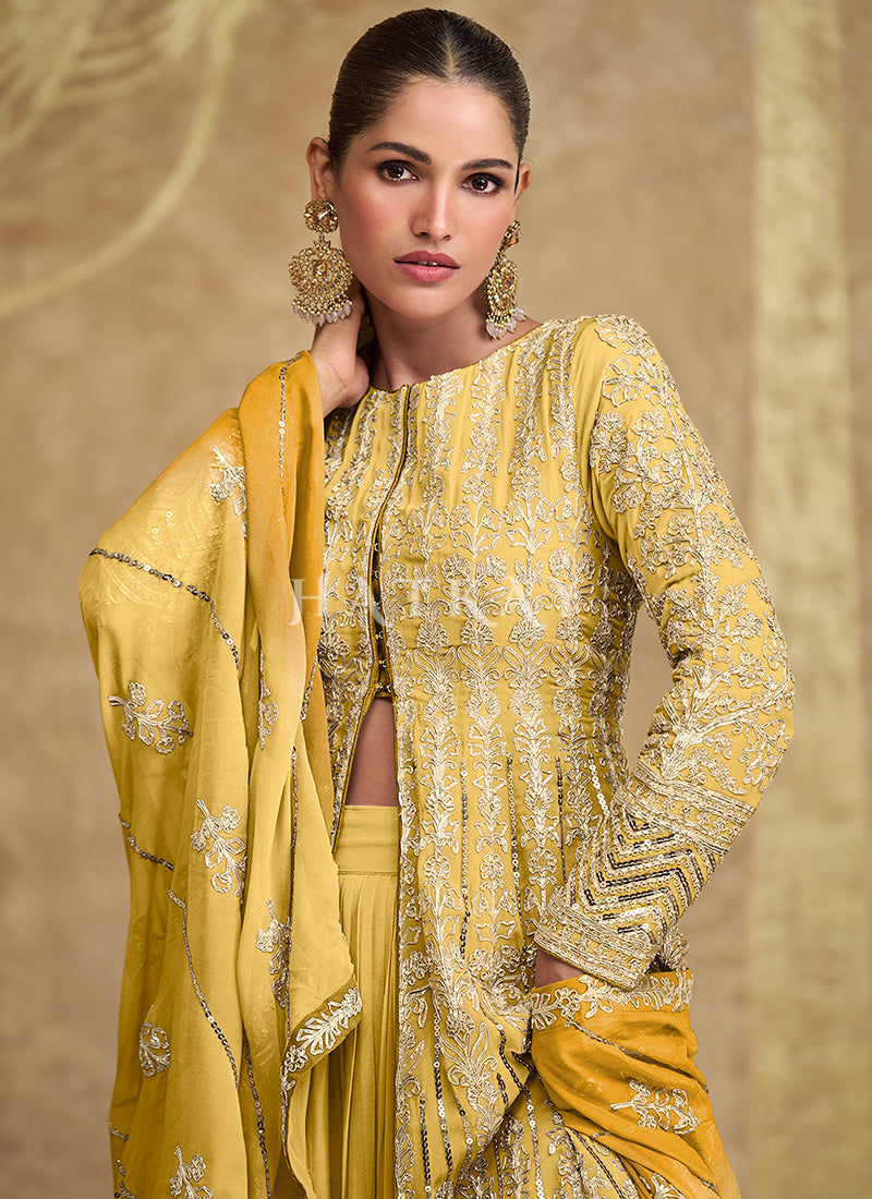 Yellow Ombré Embroidered Slit Style Anarkali Lehenga