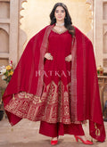 Cherry Red Mirror Work Anarkali Palazzo Suit