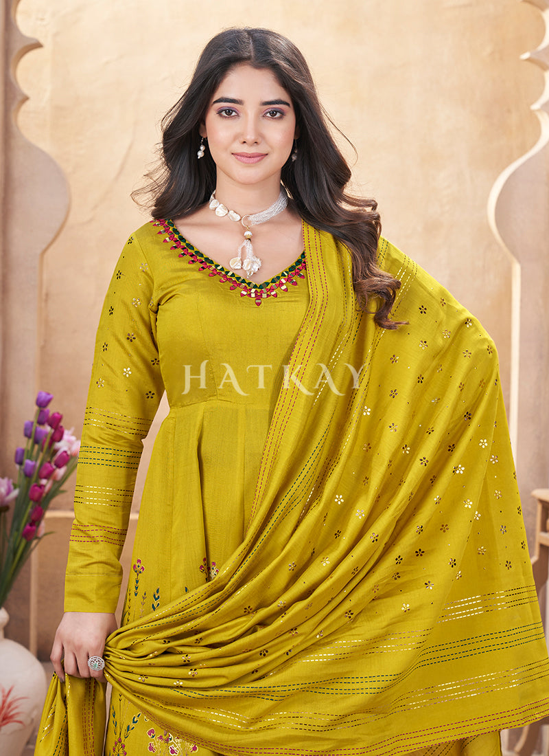 Yellow Mirror Work Anarkali Palazzo Suit