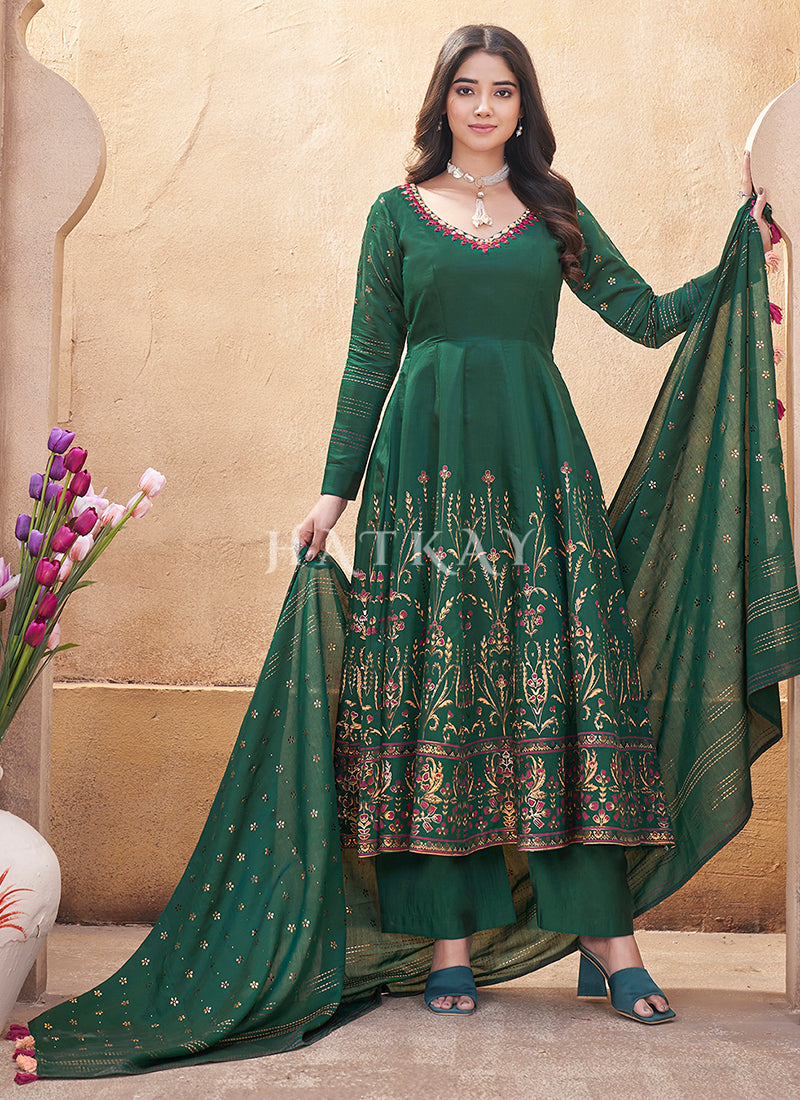 Green Mirror Work Anarkali Palazzo Suit