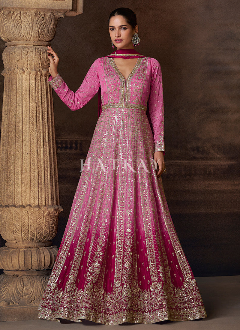 Hot Pink Ombré Embroidered Anarkali Dress