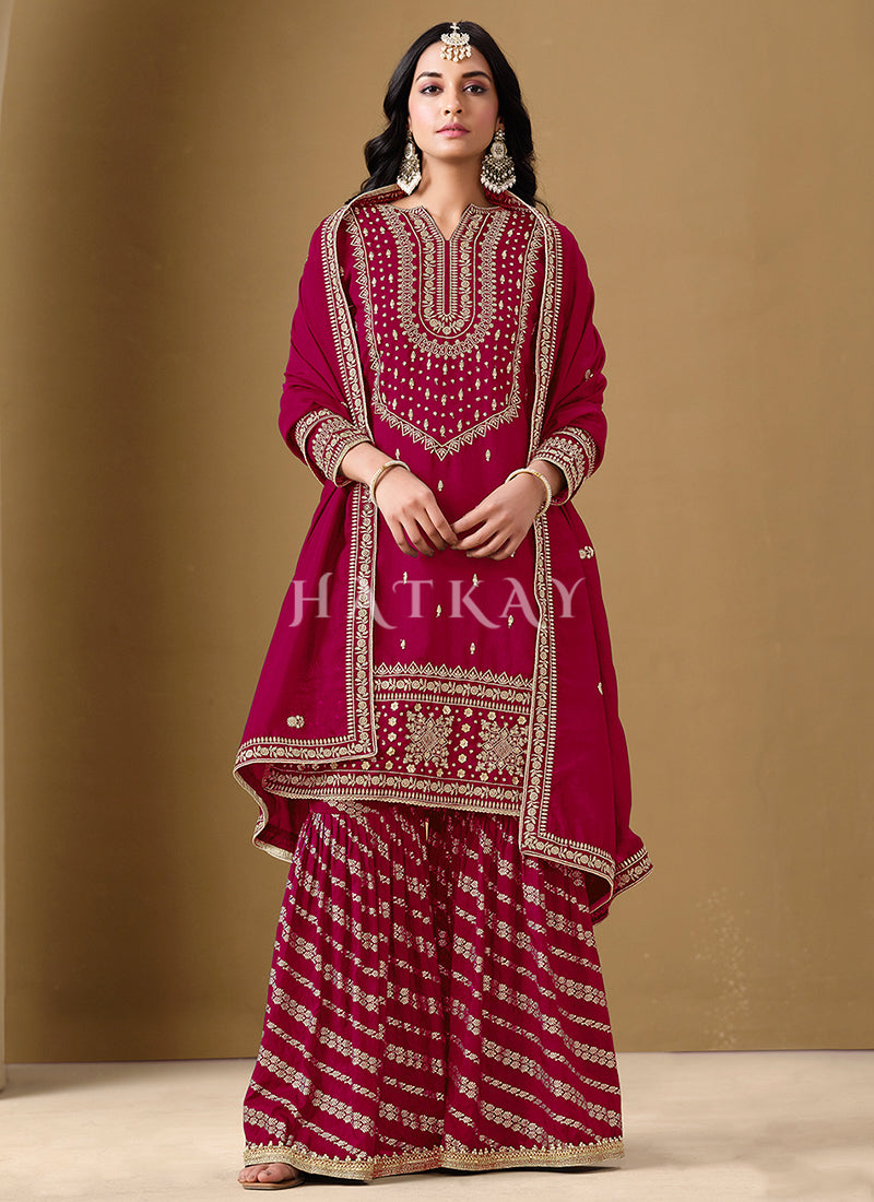 Red Embroidered Gharara Suit