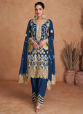 Dark Blue Multi Embroidery Traditional Pant Style Suit