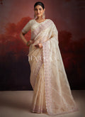 Cream Beige Embroidery Party Wear Saree