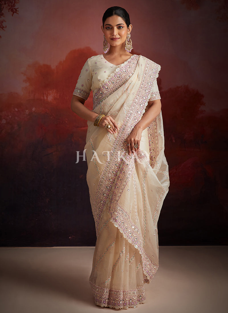 Cream Beige Embroidery Party Wear Saree