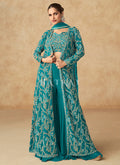 Turquoise Blue Embroidered Jacket Style Palazzo Suit