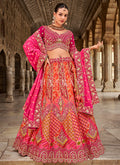 Pink And Orange Embroidery Silk Lehenga Choli