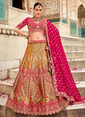 Pink And Yellow Embroidery Silk Lehenga Choli