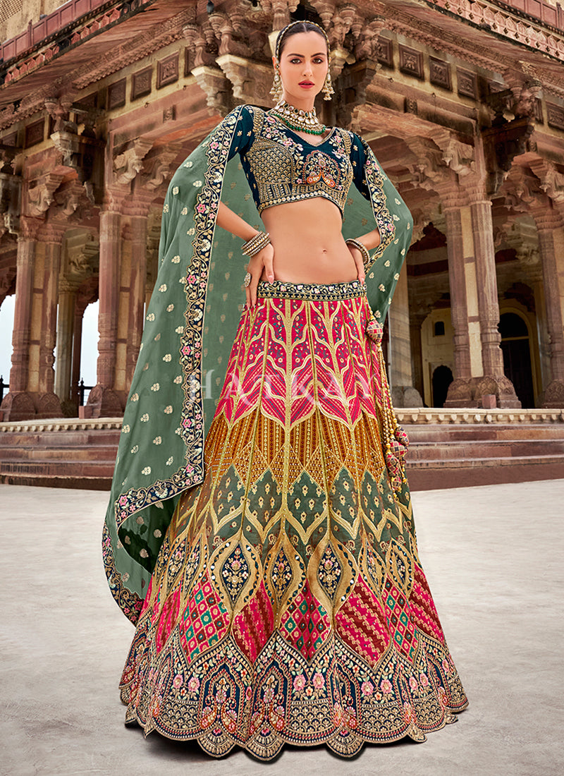 Pink And Blue Embroidery Silk Lehenga Choli