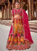 Magenta Pink And Yellow Embroidery Silk Lehenga Choli