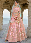 Peach And Teal Traditional Embroidery Bridal Lehenga Choli