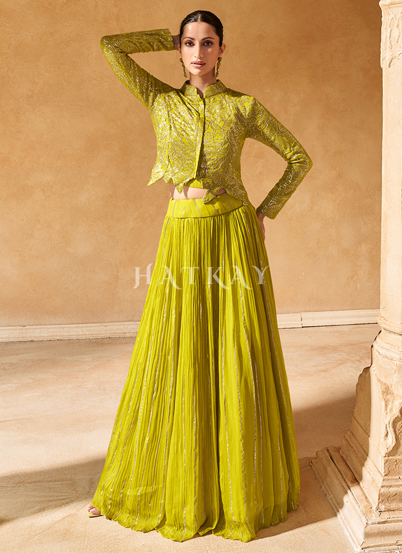 Lime Green Embroidered Koti Style Lehenga Choli