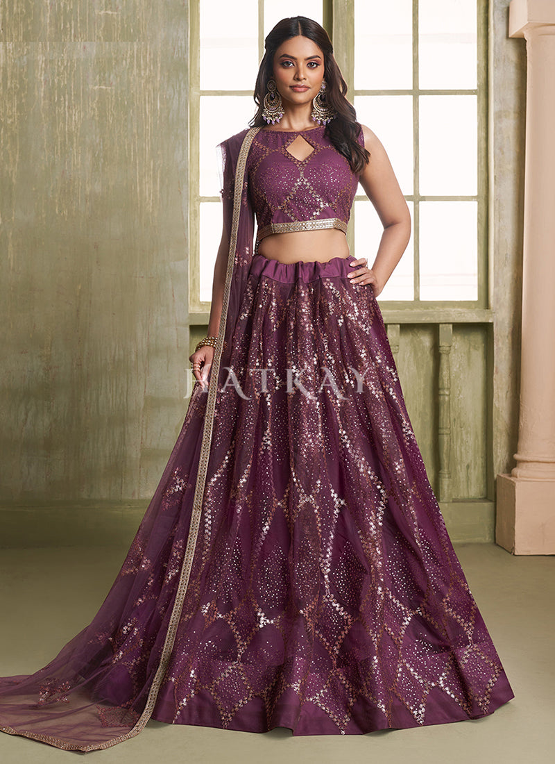 Deep Wine Embroidered Party Wear Lehenga Choli