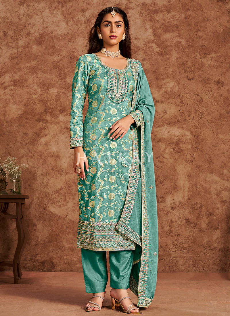 Green Embroidered Pakistani Pant Style Suit