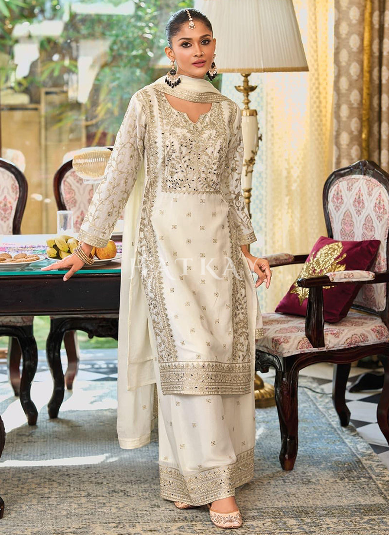 White Embroidered Pakistani Palazzo Suit