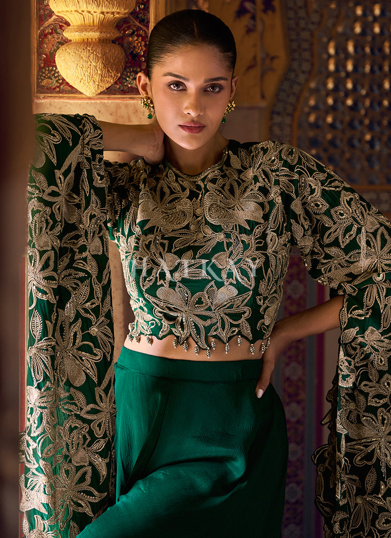 Dark Green Embroidery Designer Palazzo Set