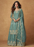 Blue Embroidered Silk Palazzo Suit