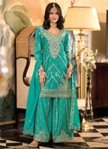 Teal Embroidered Palazzo Suit