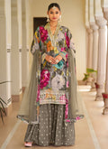 Grey Floral Printed Embroidered Palazzo Suit