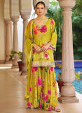 Lime Yellow Floral Printed Embroidered Palazzo Suit