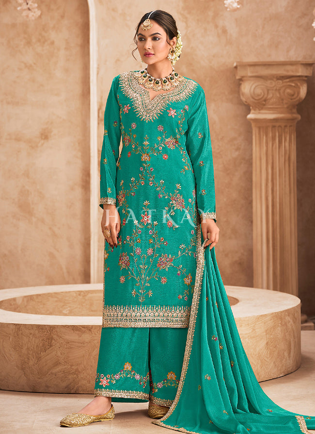 Turquoise Multi Embroidery Palazzo Style Suit