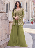 Green Embroidered Jacket Style Designer Palazzo Suit