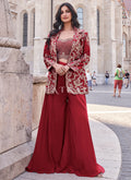 Bridal Red Embroidered Jacket Style Designer Palazzo Suit