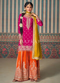 Pink And Yellow Mirror Work Palazzo Suit