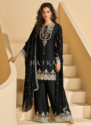 Black Designer Embroidery Wedding Palazzo Suit