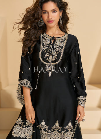 Black Designer Embroidery Wedding Palazzo Suit