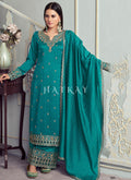 Turquoise Embroidery Festive Palazzo Suit