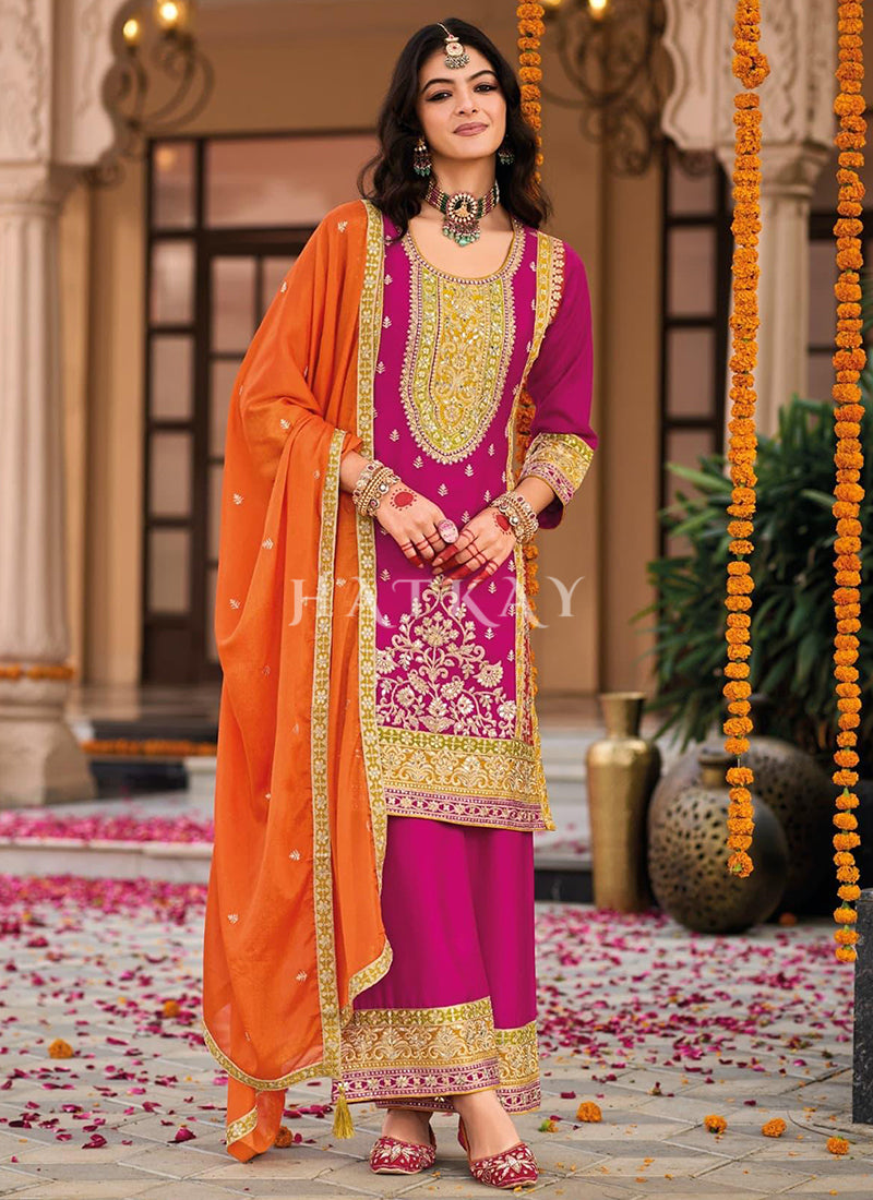 Pink And Orange Embroidery Salwar Suit