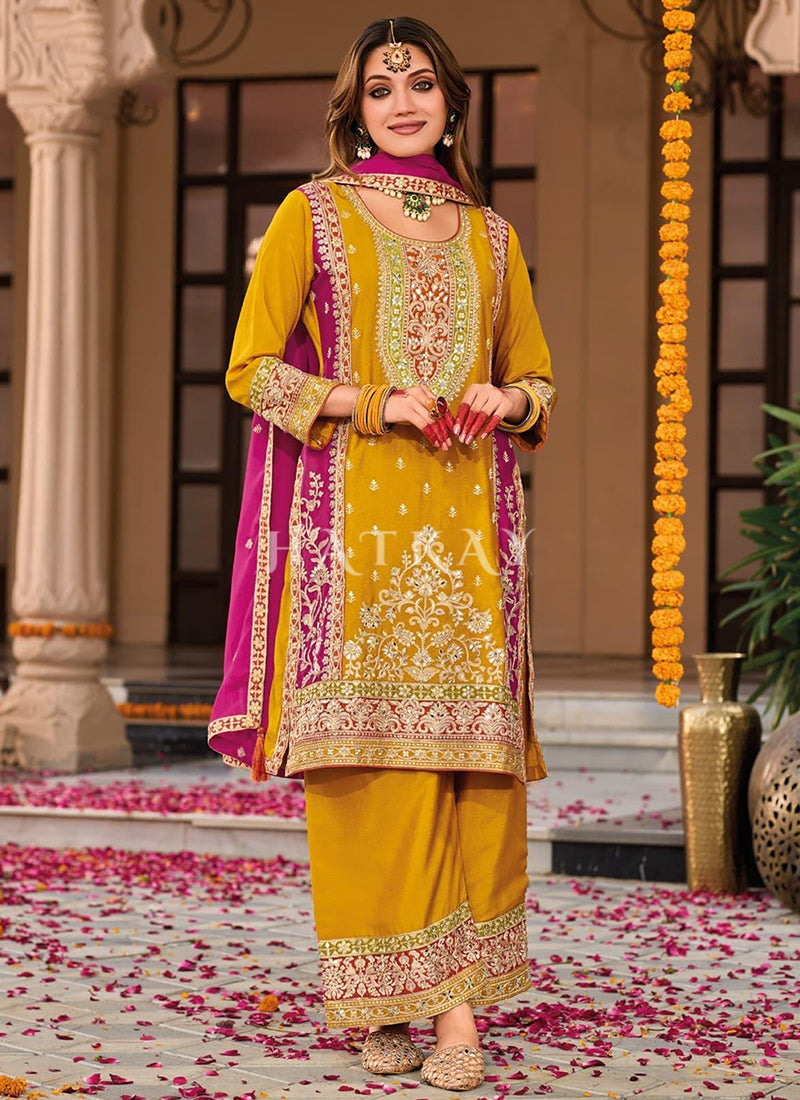 Yellow And Pink Embroidery Salwar Suit