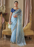 Sky Blue Embroidery Silk Saree