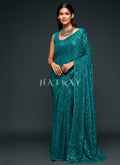 Teal Blue Sequins Embroidery Georgette Saree