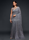 Slate Grey Sequins Embroidery Georgette Saree