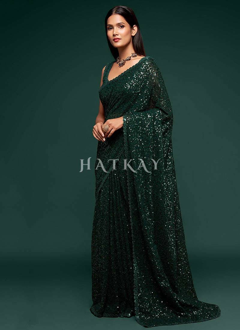 Deep Green Sequins Embroidery Georgette Saree