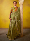 Green And Mustard Multi Embroidery Silk Saree