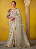 Grey And Purple Multi Embroidery Silk Saree