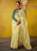 Yellow And Turquoise Multi Embroidery Silk Saree