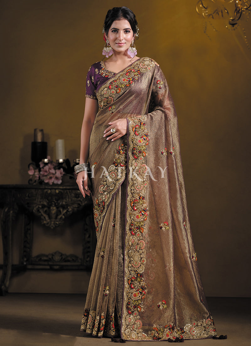 Brown And Purple Embroidered Silk Saree