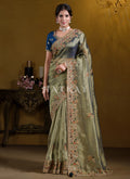 Green And Blue Embroidered Silk Saree