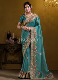 Teal Blue Embroidered Silk Saree