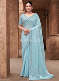 Sky Blue Handwork Embroidery Satin Silk Saree