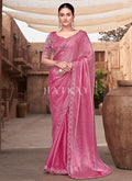 Pink Handwork Embroidery Satin Silk Saree