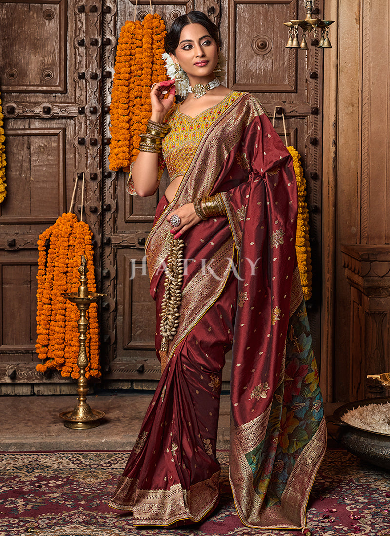 Red And Yellow Embroidered Silk Saree